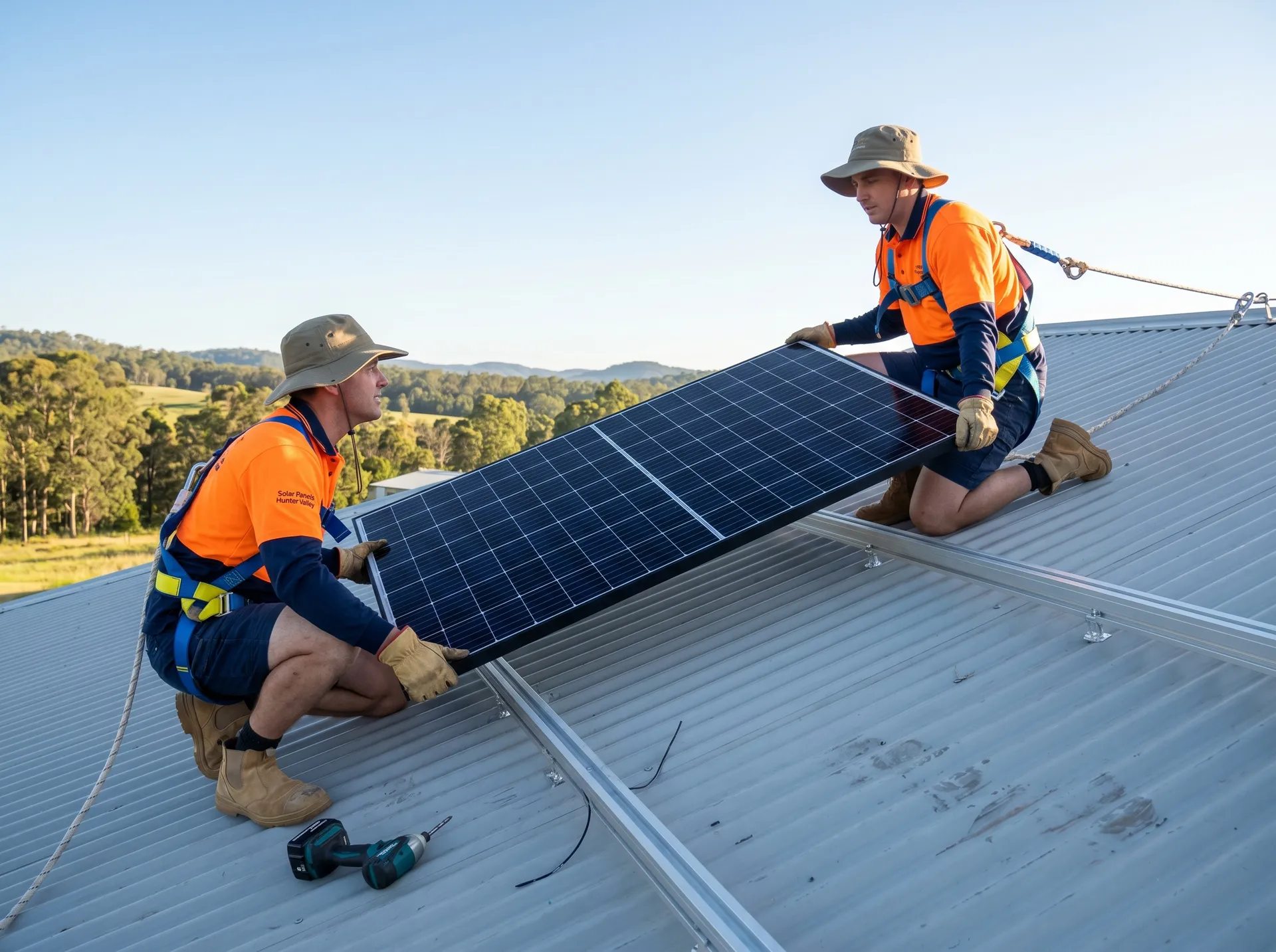 Installer fitting solar panels to a tile roof